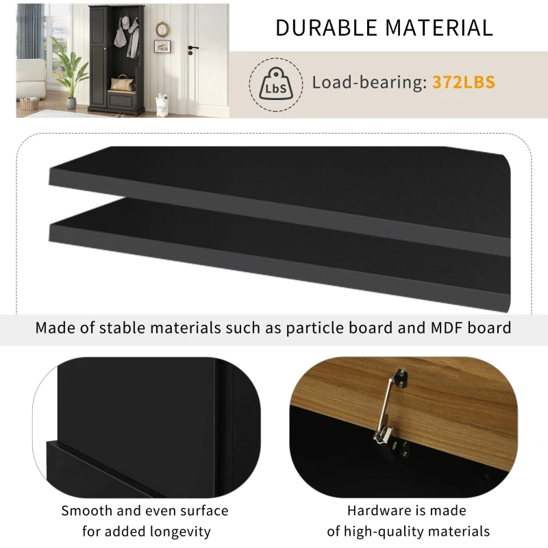 Hall Tree with Flip-Up Bench, Adjustable Shelves, and Hanging Hooks for Entryways,36" L x 15.5" W x 70.5" H, Black