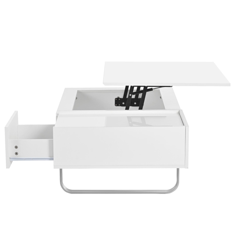 Vinsetto Multi-functional Coffee Table with Lifted Tabletop, Contemporary Design, Metal Frame Legs, High-gloss Surface, 45" L x 26.5" W x 14" H, White