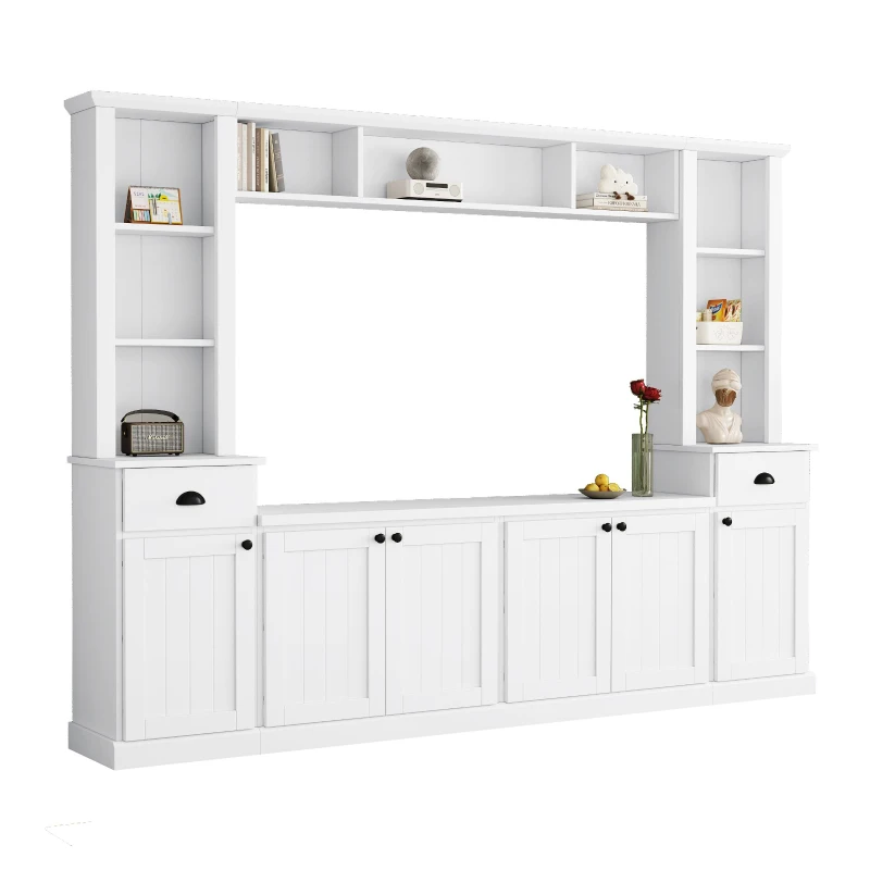 Minimalist Storage TV Stand for TVs Up to 75" with Adjustable Shelves, Entertainment Wall Unit Set for Living Room, 103" L x 15" W x 77" H, White