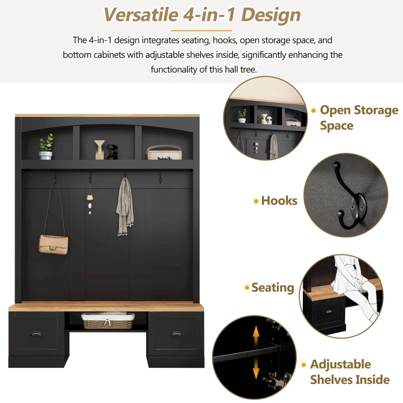 Farmhouse 4-in-1 Hall Tree with Bench and Adjustable Shelves, Multifunctional Storage Coat Rack with Hooks, 55" L x 16.5" W x 73.5" H, Black