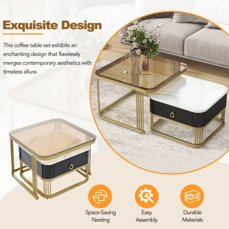 Nesting Coffee Table Set of 2 with Drawer, Brown Tempered Glass and High Gloss Marble Grain Tabletop, 24" W x 24" D x 16.5" H, Black+Gold