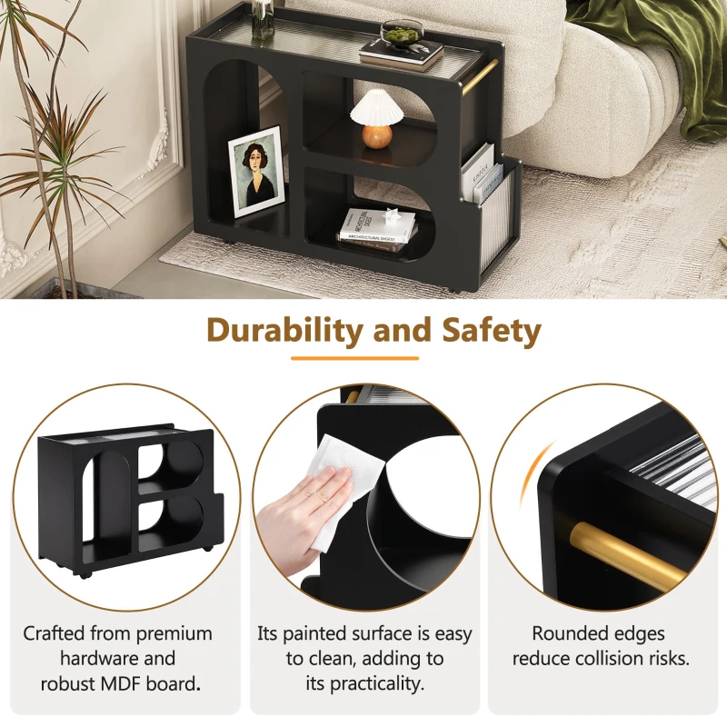 Mobile End Table with Lockable Wheels, Fluted Tempered Glass, Golden Round Rod, Side Table for Living room, 31.5" L x 12" W x 23" H, Black