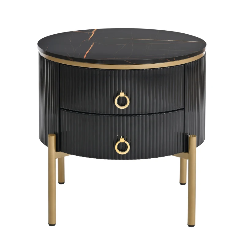 Vinsetto Round End Table with Storage Drawers, Modern Faux Marble Tabletop, Metal Legs and Handles, Black+Gold