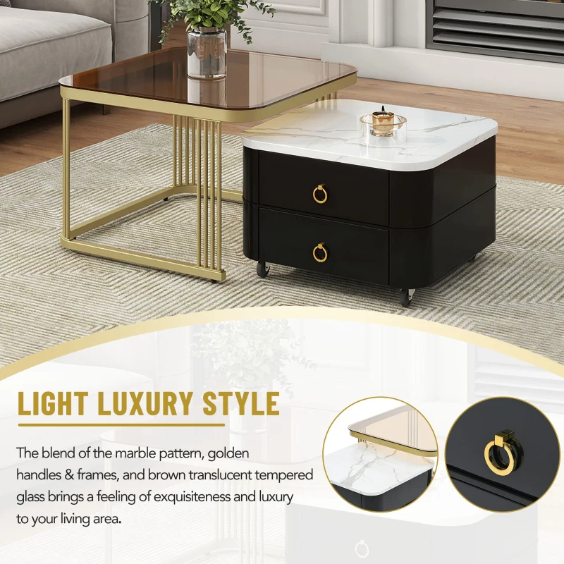 2-in-1 Square Nesting Coffee Table with Wheels & Drawers, High Gloss Marble Grain Top, Tempered Glass, 29" L x 27" W x 16" H, Black+Gold