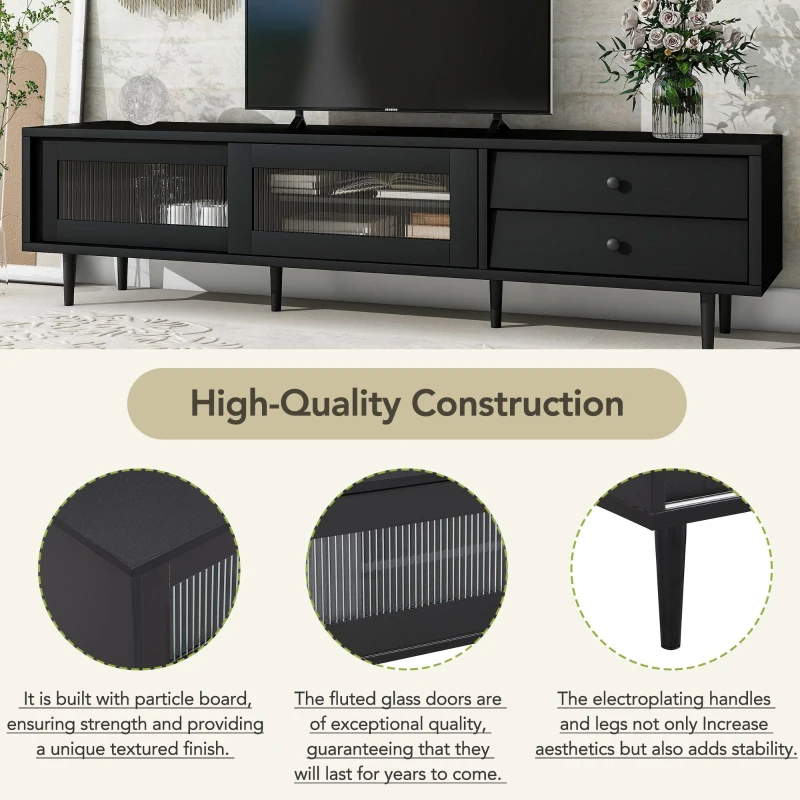 Vinsetto Chic Elegant Design TV Stand with Sliding Fluted Glass Doors, Media Console for TVs Up to 75", Modern TV Cabinet with Ample Storage Space, Black