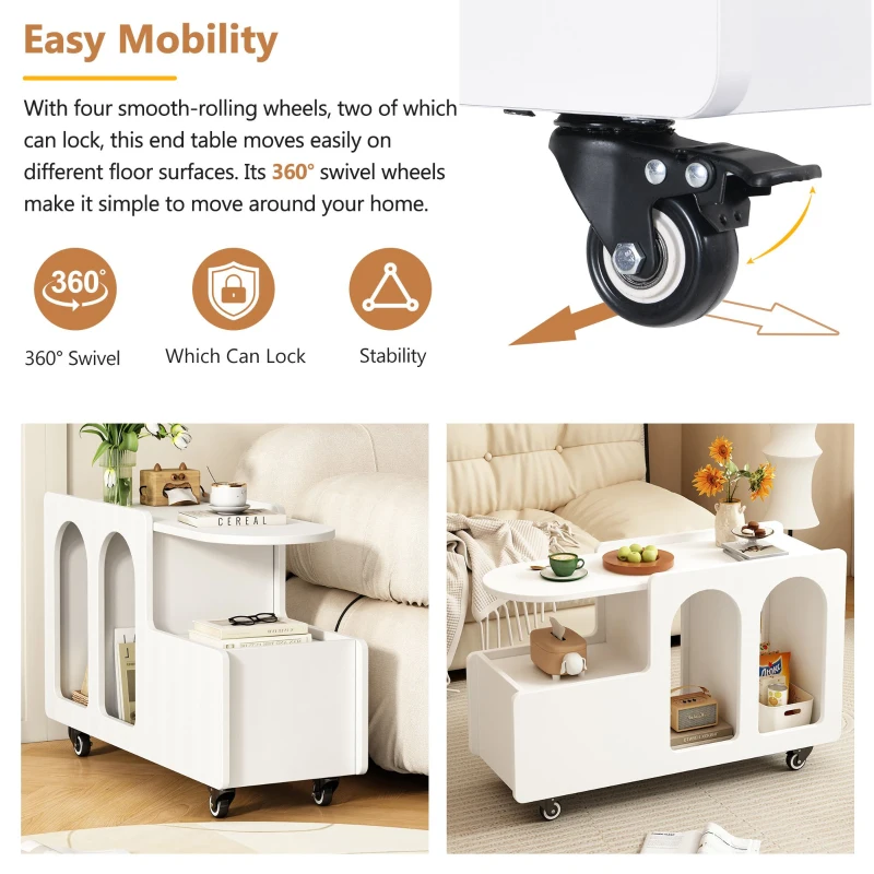 Mobile Multi-Layer Storage End Table with Lockable Wheels, Cream Style Side Table, 12" Narrow Nightstand, 31.5" L x 12" W x 21.5" H, White