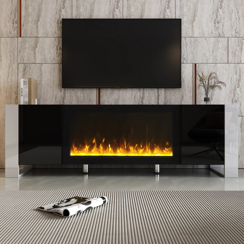 Modern TV Stand for TVs up to 78" with Electric Fireplace, Media Console with Cabinets, Entertainment Center, 68" L x 13.5" W x 21.5" H, Black