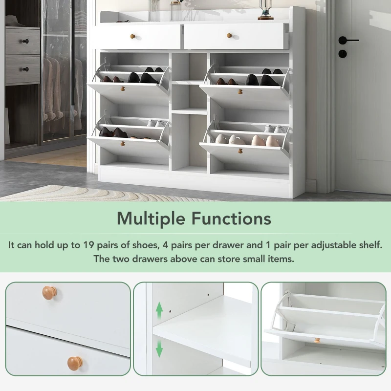 Vinsetto Modern Shoe Cabinet with 4 Flip Drawers, 2-Tier Shoe Storage Organizer, Shoe Rack for Entrance Hallway, 50.5" L x 9.5" W x 42.5" H, White