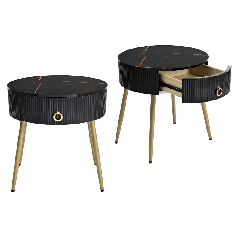 Set of 2 Modern End Tables with Storage, Faux Marble Tabletops, Fluted Panels, and Golden Legs, 19.5" L x 19.5" W x 20.5" H, Black+Gold