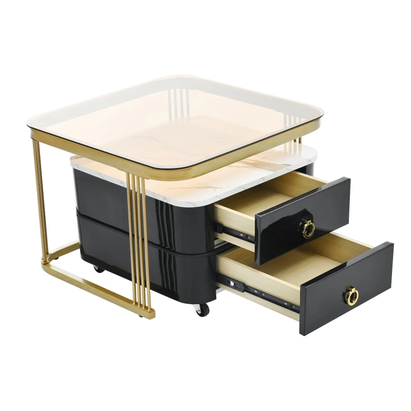 2-in-1 Square Nesting Coffee Table with Wheels & Drawers, High Gloss Marble Grain Top, Tempered Glass, 29" L x 27" W x 16" H, Black+Gold