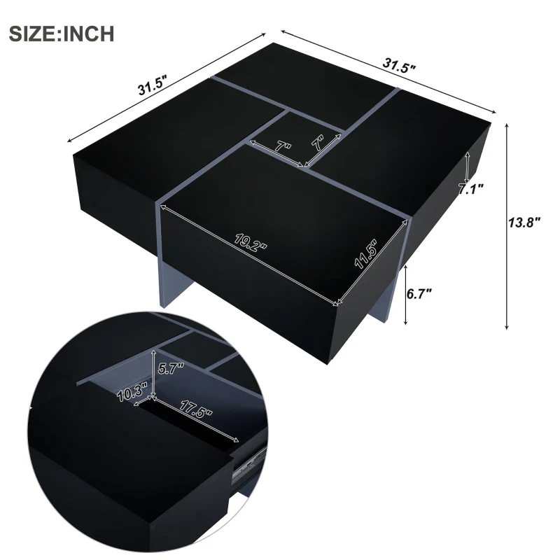 Coffee Table with 4 Hidden Storage Compartments, Extendable Sliding Tabletop, UV High-Gloss Design, 31.5"x31.5", Black