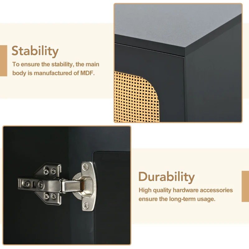 Vinsetto Boho Style TV Stand for TVs Up to 70" with Rattan Door, Media Console Table, Metal Base, Country Style Sideboard, 65" L x 17" W x 28" H, Black