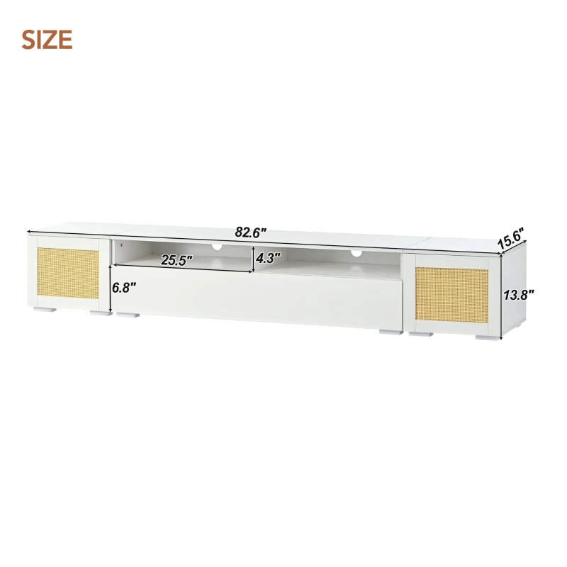Vinsetto Modern TV Stand Fits TVs Up to 90" with Push to Open Doors, LED Lights, Rattan Style Entertainment Center, 82.5" L x 15.5" W x 14" H, White