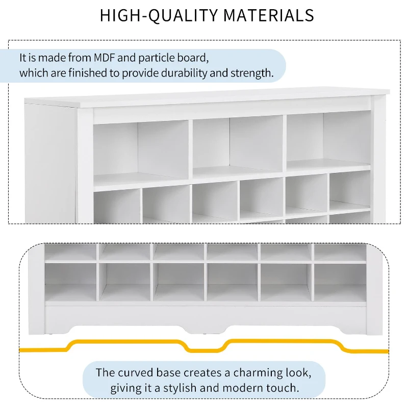 Sleek Design 24-Cubby Shoe Cabinet, Modern Shoe Cabinet with Curved Base, Versatile Sideboard, 45.5" L x 13" W x 35" H, White