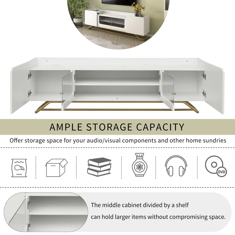 Vinsetto Sleek Design TV Stand with Fluted Glass, Faux Marble Top, Gold Frame Base, Fits TVs Up to 70", 63.5" L x 12.5" W x 19" H, White