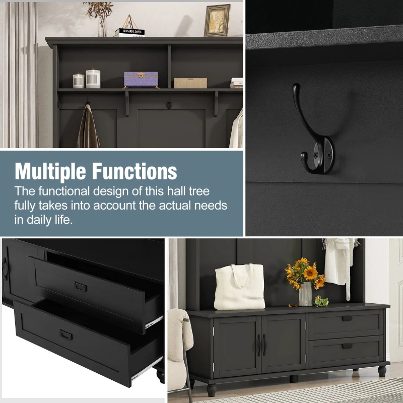 Modern Hall Tree with Storage Cabinet, 2 Large Drawers, Mudroom Bench with 5 Coat Hooks, 59" L x 16" W x 80.5" H, Black