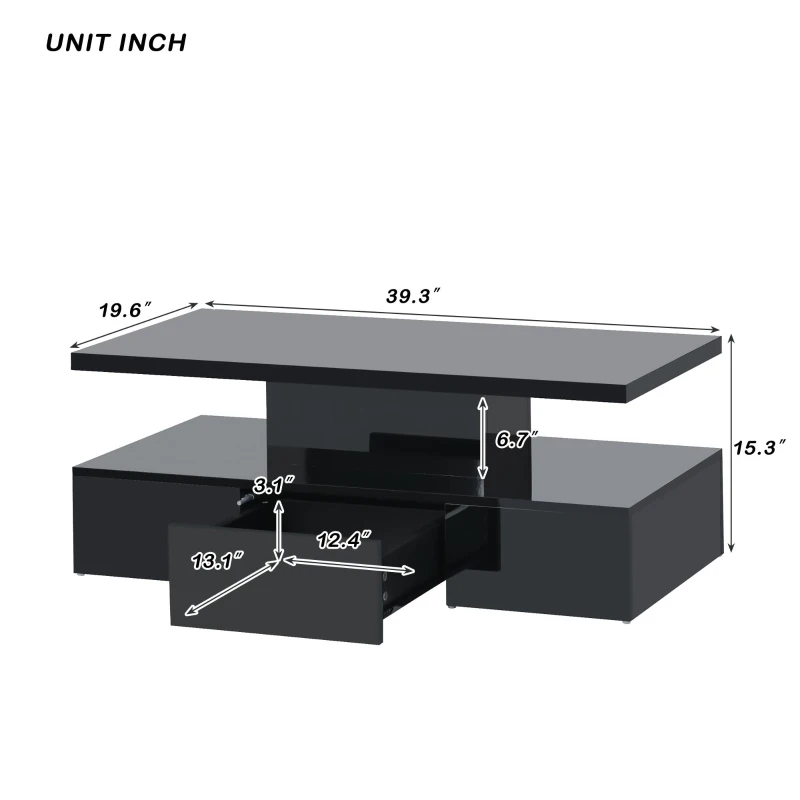Vinsetto Modern Glossy 2-Tier Rectangle Coffee Table with Drawer, LED Lighting, Center Table for Living Room, 39.5" L x 19.5" W x 15.5" H, Black