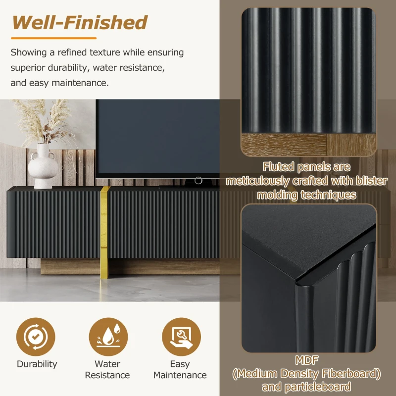Luxury Fluted TV Stand with Storage Cabinets & Drawers, Smooth Media Console with Golden Wood Grain Legs, 75" L x 14" W x 18" H, Black