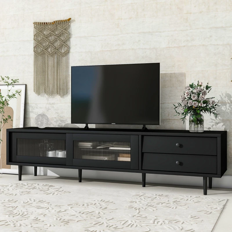 Chic Elegant Design TV Stand with Sliding Fluted Glass Doors, Media Console for TVs Up to 75", Modern TV Cabinet with Ample Storage Space, Black