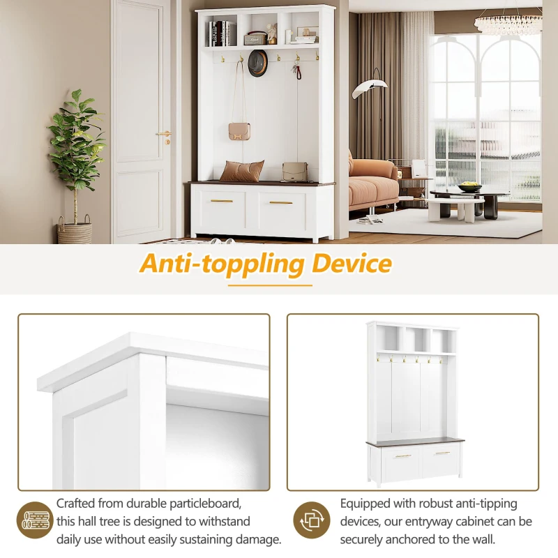 Vinsetto Versatile 4-in-1 Hall Tree with 6 Hooks, Wood Grain Bench, Multiple Storage, and 2 Drawers, 47" L x 15.5" W x 76.5" H, White