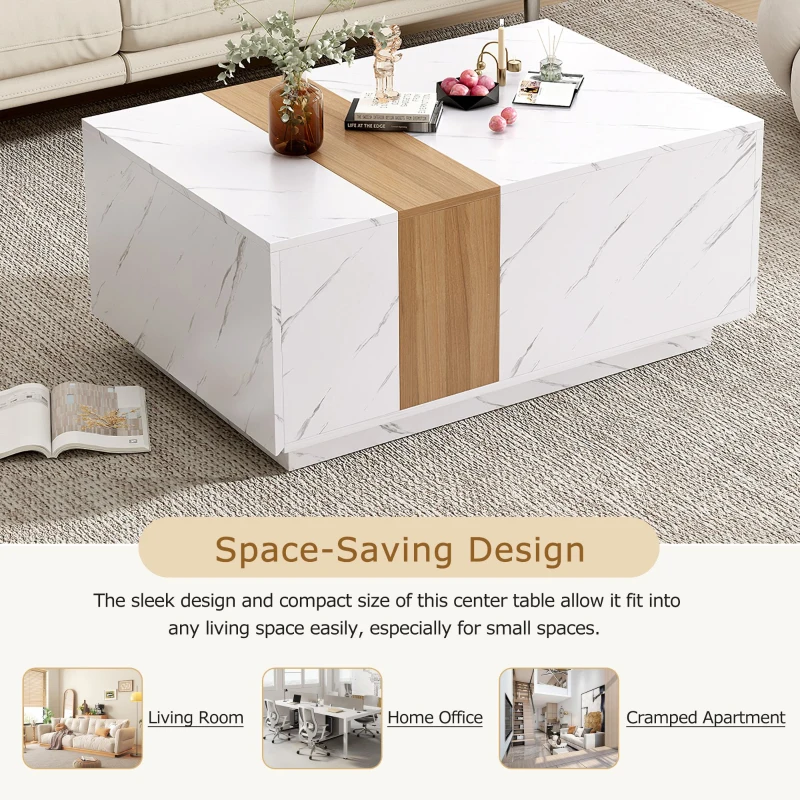 Vinsetto Modern Coffee Table with Faux Marble and Walnut Wood Grain Finish, Rectangular Center Table with 2 Storage Drawers, Space-Saving Design, White