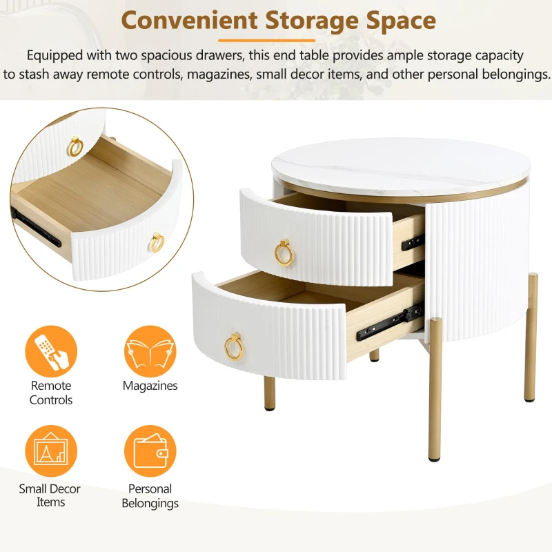 Vinsetto Round End Table with Storage Drawers, Modern Coffee Table with Faux Marble Top, Metal Legs and Handles, White+Gold