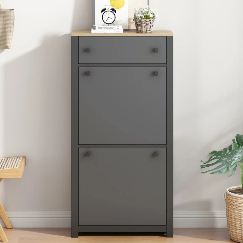 Functional Shoe Cabinet with 2 Flip Drawers, Wood Shoe Cabinet with Adjustable Panel, Freestanding Shoe Rack for Hallway, Gray