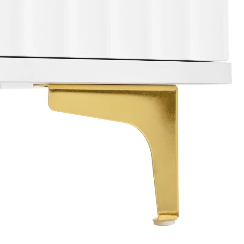 Modern Hall Tree with Bench, High Gloss Fluted Doors, 6 Gold Hooks, and Storage Cubbies, 49.5" L x 15.5" W x 75.5" H, White+Gold