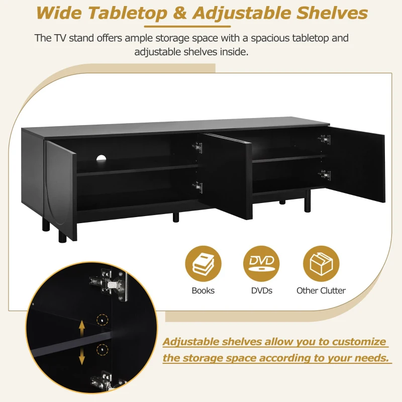 Vinsetto Graceful TV Stand with Arch Cabinets for TVs Up to 78", Minimalist Entertainment Center with Solid Wood Legs and Adjustable Shelves, Black