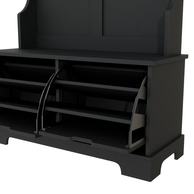 Vinsetto All in One Hall Tree with 3 Top Shelves and 2 Flip Shoe Storage Drawers, Wood Hallway Organizer with Metal Hanging Hooks, Black