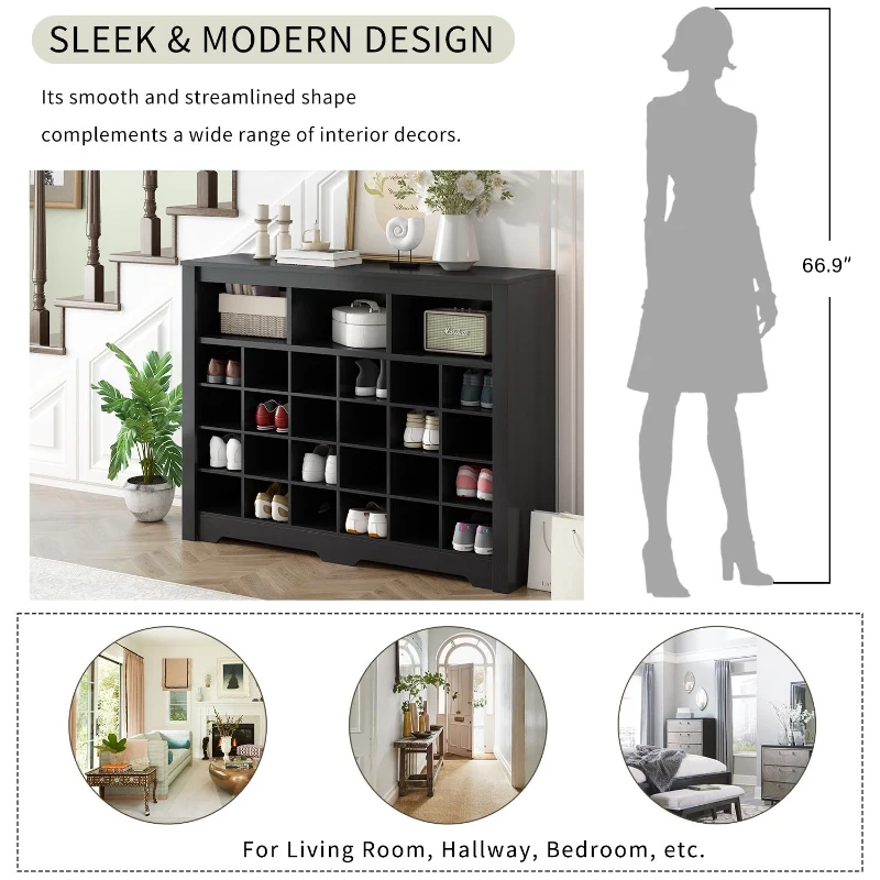 Modern 24-Cubby Shoe Cabinet, Sleek Design with Curved Base, Versatile Sideboard for Hallway, Bedroom, Living Room, Black