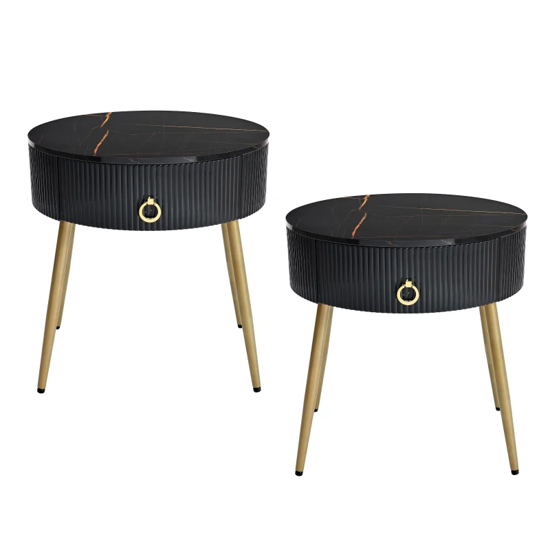 Set of 2 Modern End Tables with Storage, Faux Marble Tabletops, Fluted Panels, and Golden Legs, 19.5" L x 19.5" W x 20.5" H, Black+Gold