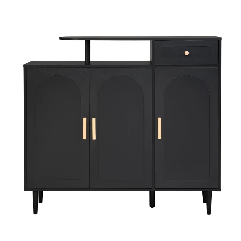Elegant Shoe Cabinet with Arched Doors and Drawer, Adjustable Shelves, Solid Wood Legs, 47.5" L x 14.5" W x 43.5" H, Black