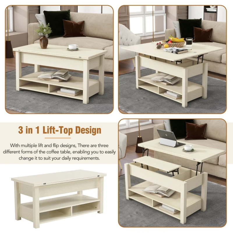 Vinsetto Lift Top Coffee Table with Multi-Functional Open Shelves, Modern Lift Tabletop Dining Table for Living Room, 42" L x 40" W x 25.5" H, Ivory