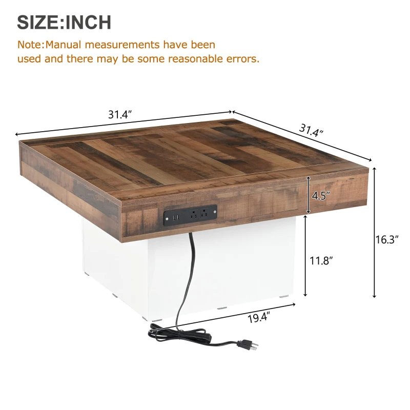 Farmhouse Wood Coffee Table with 2 USB Ports and Outlets, LED Light, Anti-Slip Foot Pads, Spliced Wood Grain, 31.5" L x 31.5" W x 16.5" H, White