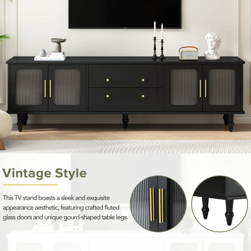 Retro Design TV Stand with Fluted Glass Doors, 2 Drawers and Cabinets, Fits TVs Up to 78", 70" L x 16" W x 22" H, Black