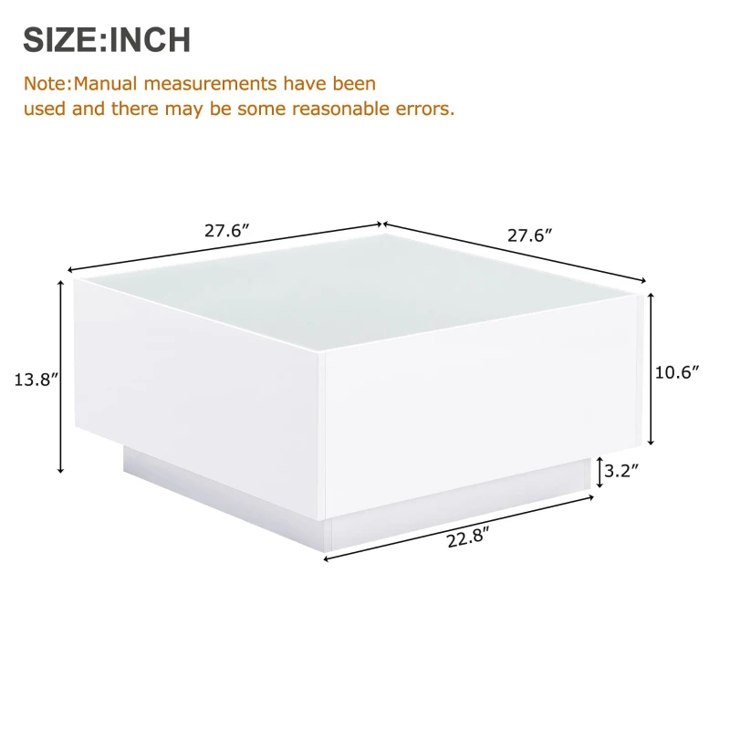 Square High Glossy Coffee Table with 16-Color LED Strip Lights, 0.2'' Glass Top, Modern Center Table for Living Room, 27.5" L x 27.5" W x 14" H, White