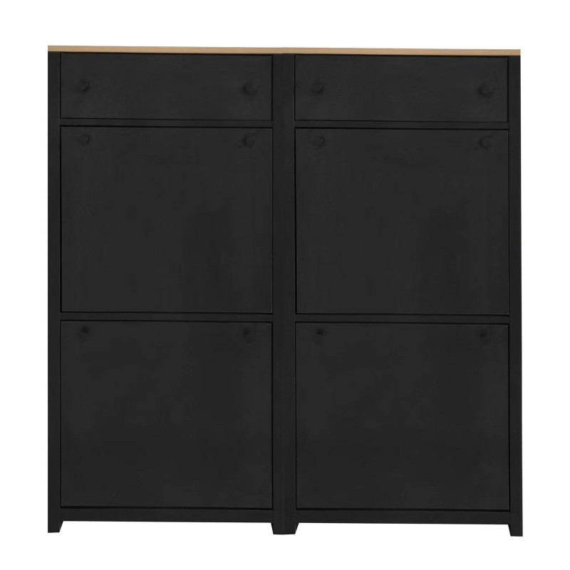 Modern Slim Shoe Cabinet Set with 4 Flip Drawers, Wood Grain Pattern Top, Adjustable Panels, Shoe Rack for Hallway, Black