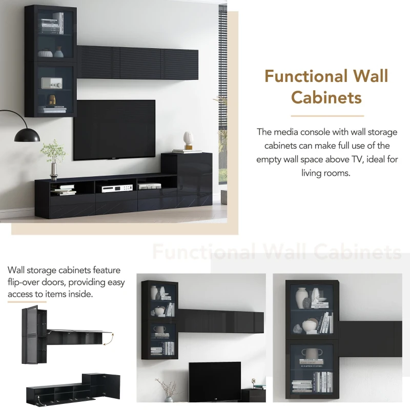 High Gloss TV Stand for TVs Up to 78" with Ample Storage, Media Console, Wall Mounted Floating Cabinets, 93" L x 15" W x 26" H, Black