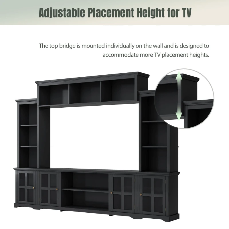 Modern Multifunctional TV Stand for TVs Up to 70" with Glass Door and Bridge, Minimalism Entertainment Wall Unit, 104" L x 15" W x 78.5" H, Black