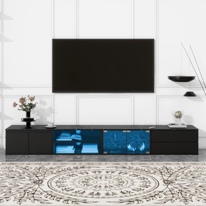 Modern APP Controlled LED TV Stand for TVs Up to 105", Faux Marble Media Console, with Tempered Glass Doors, 2 Drawers & Cabinets, Black