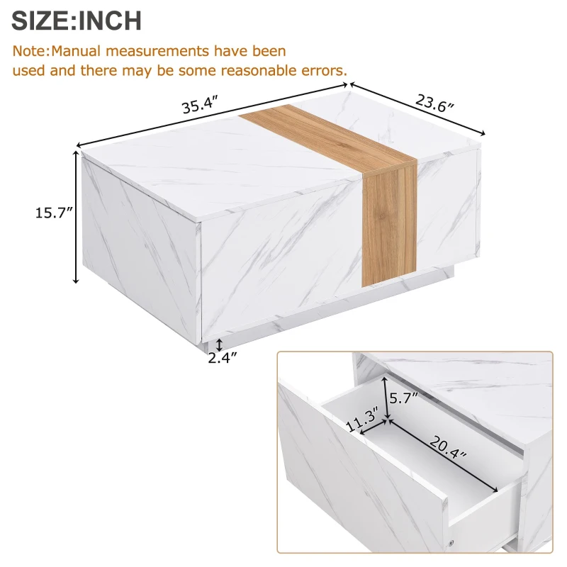 Vinsetto Modern Coffee Table with Faux Marble and Walnut Wood Grain Finish, Rectangular Center Table with 2 Storage Drawers, Space-Saving Design, White