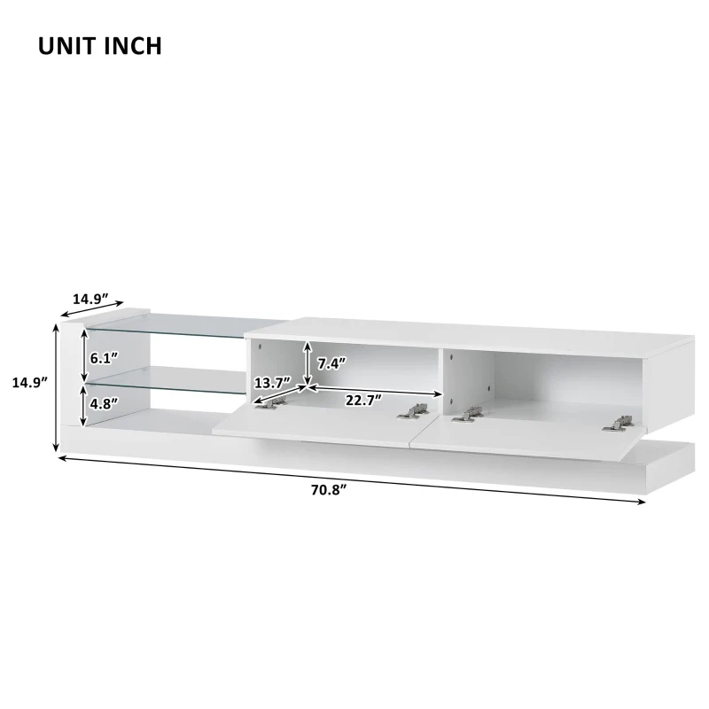 Vinsetto 71" TV Stand for 75" TV with Media Storage Cabinets, 16-Color RGB LED Lights, Modern High Gloss Entertainment Center, White