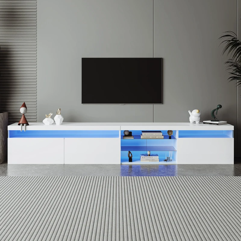 Vinsetto TV Stand with 2 Glass Shelves, Ample Storage, LED Color Changing Lights, Fits TVs Up to 105", 94.5" L x 16" W x 17.5" H, White