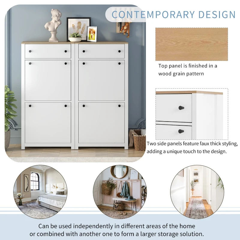 Modern Slim Shoe Cabinet Set with 4 Flip Drawers, Wood Grain Pattern Top, Adjustable Panels, Shoe Rack for Hallway, White