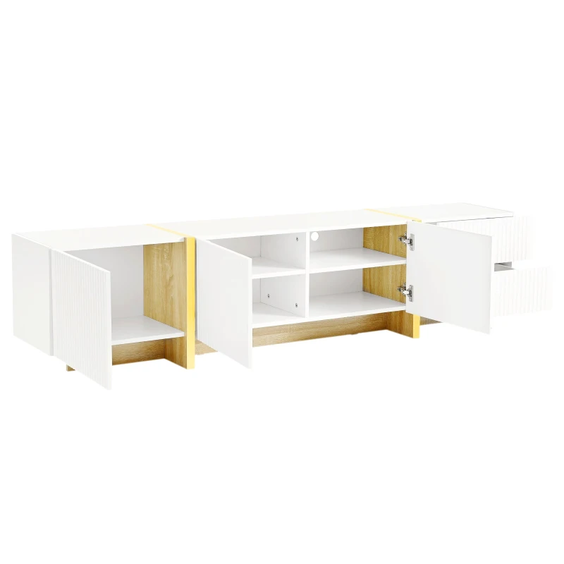 Luxury Fluted TV Stand with Storage Cabinets & Drawers, Smooth Media Console with Golden Wood Grain Legs, 75" L x 14" W x 18" H, White