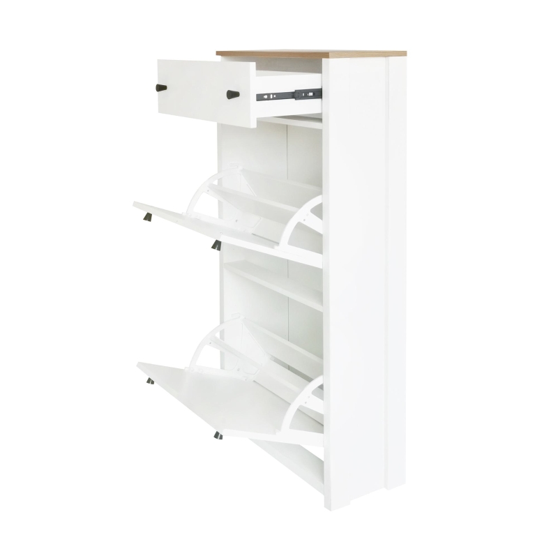 Modern Slim Shoe Cabinet Set with 4 Flip Drawers, Wood Grain Pattern Top, Adjustable Panels, Shoe Rack for Hallway, White