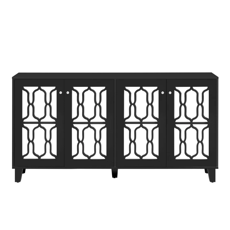 Vinsetto Side Cabinet with Adjustable Shelves, 4-Door Mirror Hollow-Carved TV Stand for TVs Up to 70", Multi-functional Console Table with Storage, Black