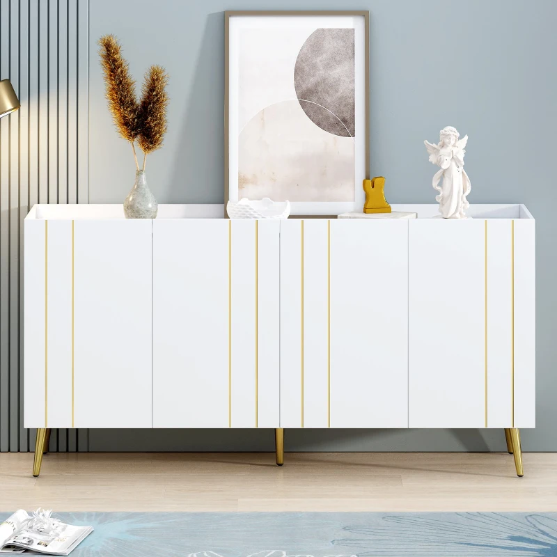 Storage Shoe Cabinet with 5 Metal Legs, Gold Lines Doors, Minimalist Sideboard Cabinet, Modern TV Stand, 63" L x 15" W x 31.5" H, White