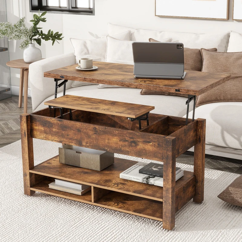 Lift Top Coffee Table with Multi-Functional Open Shelves, Modern Lift Tabletop Dining Table for Living Room, Home Office, Rustic Brown